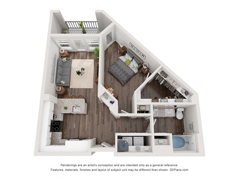 a 3d floor plan of a 1 bedroom apartment